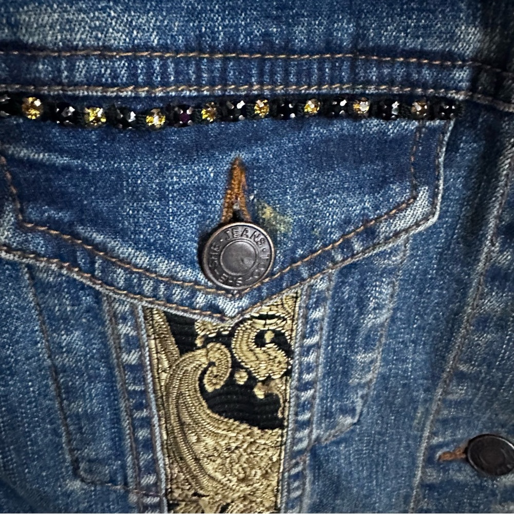 Blue Jean Brocade Jacket Rhinestone Bling Fall Jacket Versace Boho Medium - Picture 4 of 16